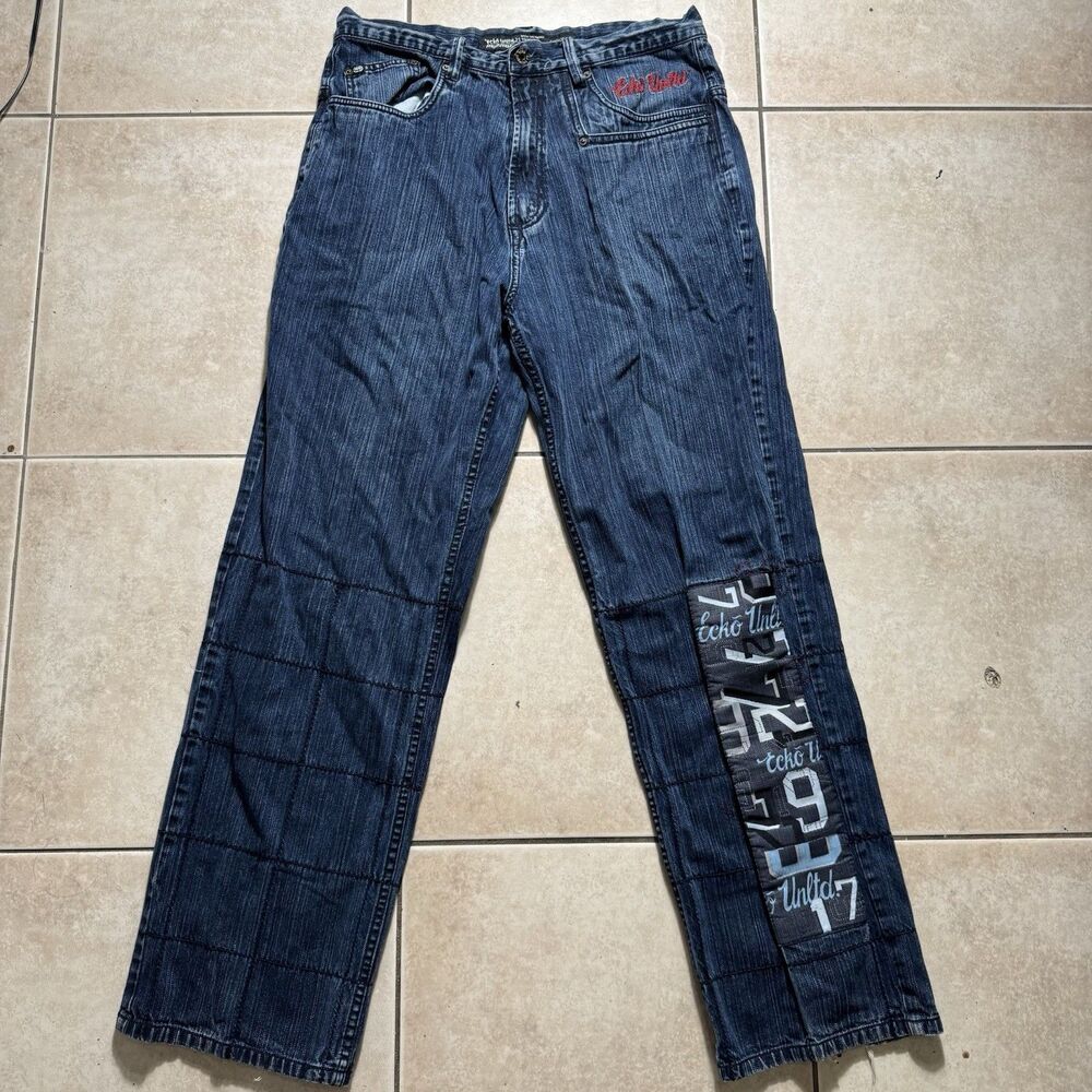 VTG Ecko Unltd Mens 34x35 Jeans Vintage Y2K Graphic Patch Patchwork Baggy Denim